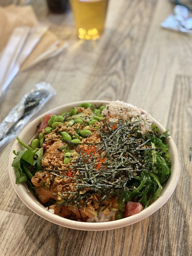 Fresh poke bowl with sushi-grade tuna
